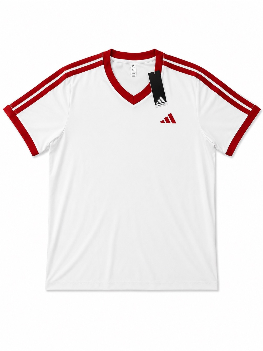 adidas White Short Sleeve V-Neck Tee with Red Accents